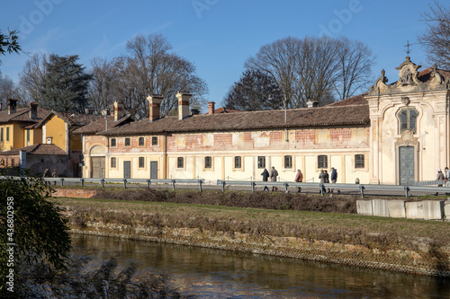 Robecco sul Naviglio ( MI ), Italy - April 01, 2021: Robecco sul Naviglio town and Naviglio Grande, Milano, Lombardy, Italy photo