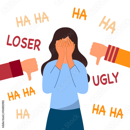 Sad woman with dislike hand gestures and negative feedback. Unhappy female surrounded by laughing and hands with thumb down. Public blame. Bullying concept.