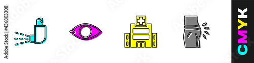 Set Inhaler, Blindness, Medical hospital building and Abdominal bloating icon. Vector