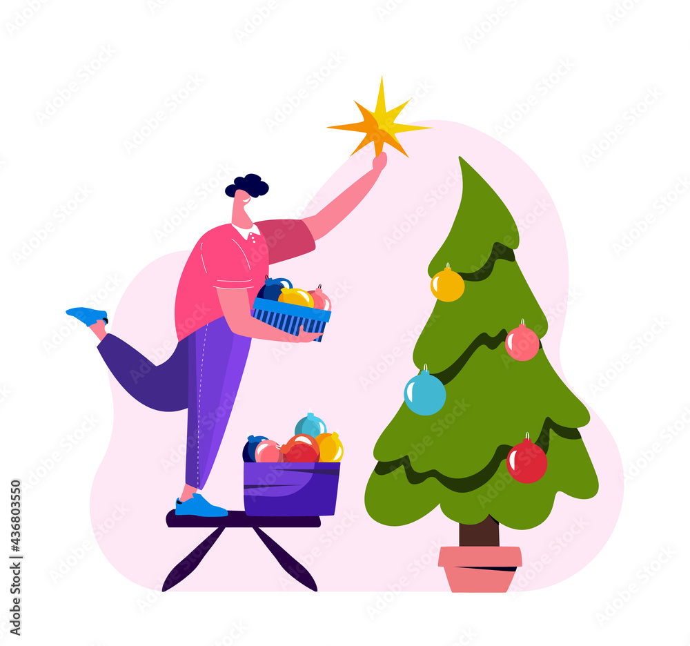 Merry Christmas and Happy Holidays. Man holding a box with festive balls Stand on Chair Decorate Christmas Tree Indoors Put Star on Spruce Top Before Xmas. New Year Cartoon Flat Vector Illustration