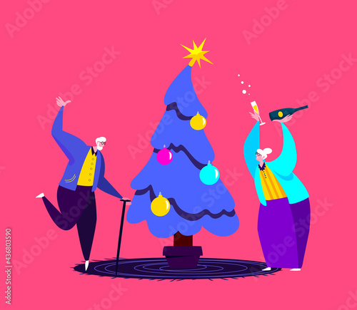 Festive Retired Old People Celebrate New Year and Christmas Holidays.Senior Pensioner Elderly Man,Woman Grandfather,Granmother Dancing at Decorated Fir Tree , Drinking Champagne.Party Invitation Flyer