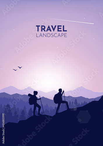 A couple of travelers climb to the top mountain. Abstract landscape, Vector polygonal landscape illustration, Minimalist style, Flat design. Travel concept of discovering, exploring. Adventure tourism