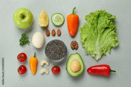 Concept of healthy nutrition on light gray background