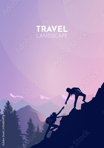 The guy, man extends a helping hand to the girl. Abstract landscape, Vector polygonal landscape illustration, Minimalist style, Flat design. Travel concept of discovering, exploring. Adventure tourism