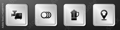Set Kitchen meat grinder, Plate, Teapot and Chef hat with location icon. Silver square button. Vector