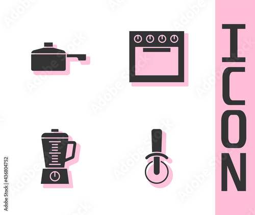 Set Pizza knife, Frying pan, Blender and Oven icon. Vector