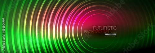 Dark abstract background with glowing neon circles. Trendy layout template for business or technology presentation, internet poster or web brochure cover, wallpaper