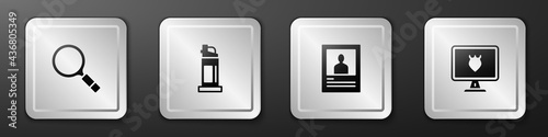 Set Magnifying glass with search, Pepper spray, Wanted poster and Police database icon. Silver square button. Vector
