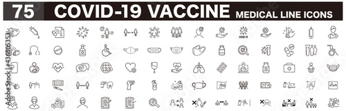 Set of Coronavirus and Vaccine line icons, covid19, Medical mask, health, contagious, epidemic, outbreak, Vector