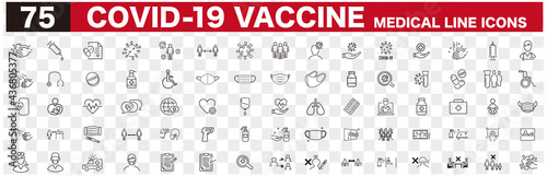 Set of Coronavirus and Vaccine line icons, covid19, Medical mask, health, contagious, epidemic, outbreak, Vector