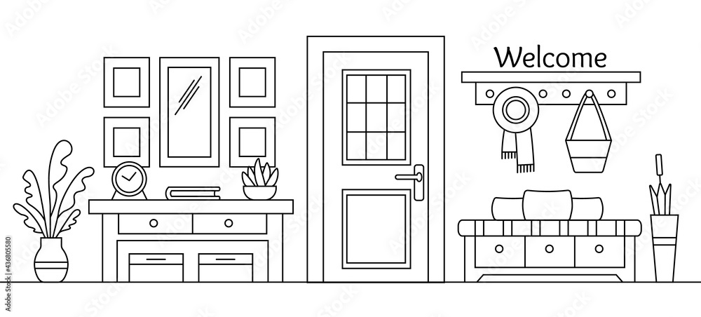 Line sketch of hall interior. Cozy home hallway with door, mirror and modern furniture. House entrance background. Outline vector illustration