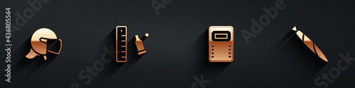 Set Police helmet, Bullet casing with ruler, assault shield and Marijuana joint icon with long shadow. Vector