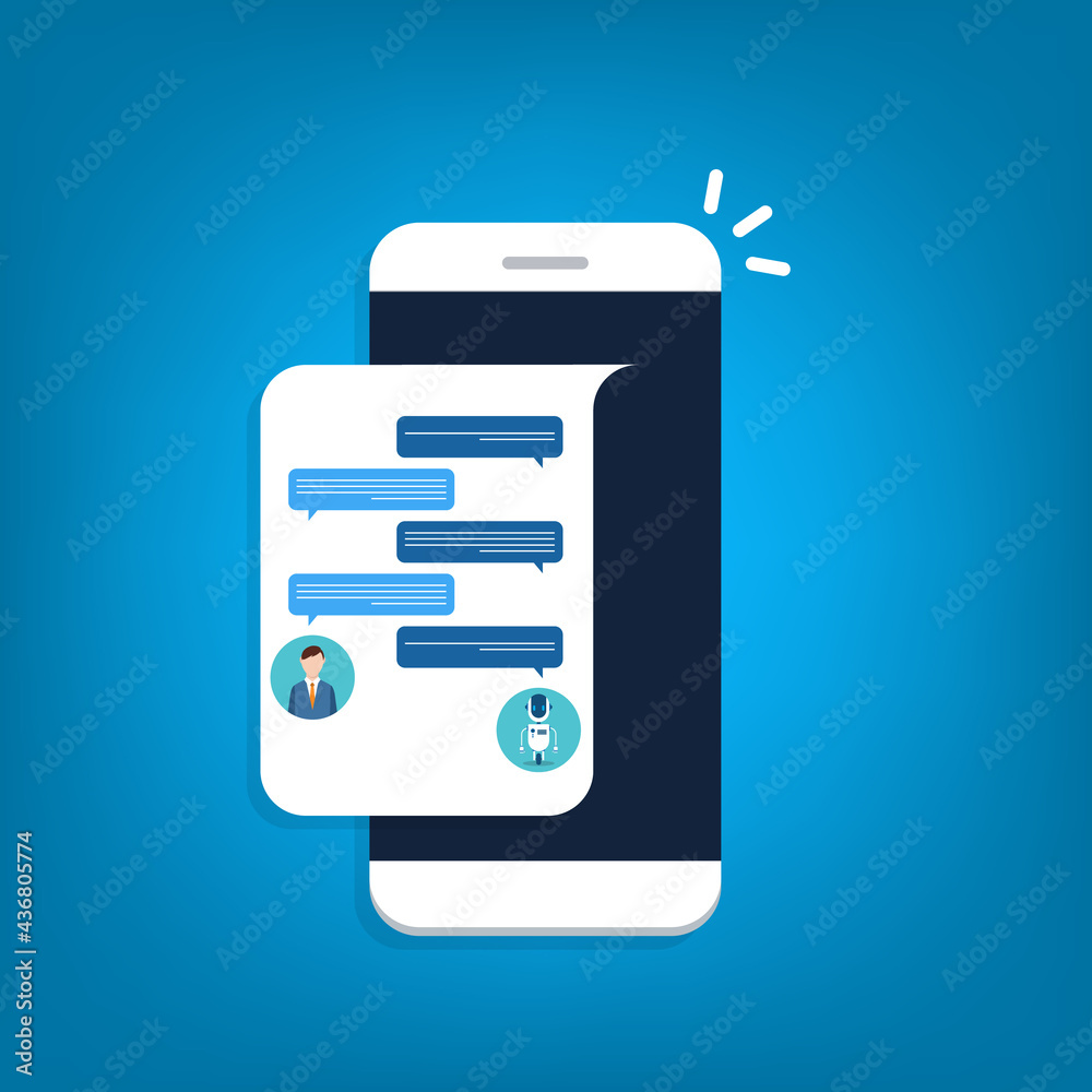 People use chat bot services, smart phone with virtual assistant. Concept of business development, sales increase, help service, customer service robot. Vector illustration People use chat bot services, smart phone with virtual assistant. Concept of business development, sales increase, help service, customer service robot. Vector illustration