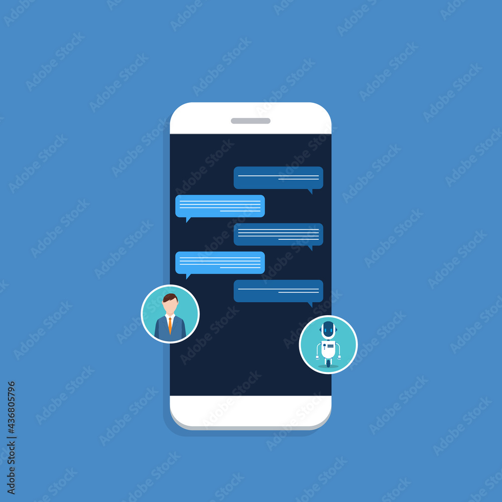 People use chat bot services, smart phone with virtual assistant. Concept of business development, sales increase, help service, customer service robot. Vector illustration People use chat bot services, smart phone with virtual assistant. Concept of business development, sales increase, help service, customer service robot. Vector illustration