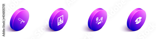 Set Isometric Police rubber baton, Wanted poster, Marker of crime scene and cap with cockade icon. Vector