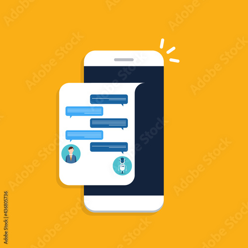 People use chat bot services, smart phone with virtual assistant. Concept of business development, sales increase, help service, customer service robot. Vector illustration	