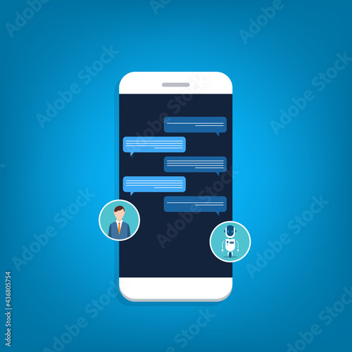 People use chat bot services, smart phone with virtual assistant. Concept of business development, sales increase, help service, customer service robot. Vector illustration	