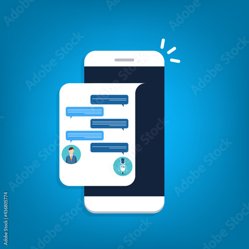 People use chat bot services, smart phone with virtual assistant. Concept of business development, sales increase, help service, customer service robot. Vector illustration	