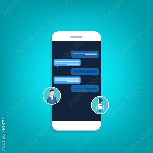 People use chat bot services, smart phone with virtual assistant. Concept of business development, sales increase, help service, customer service robot. Vector illustration	
