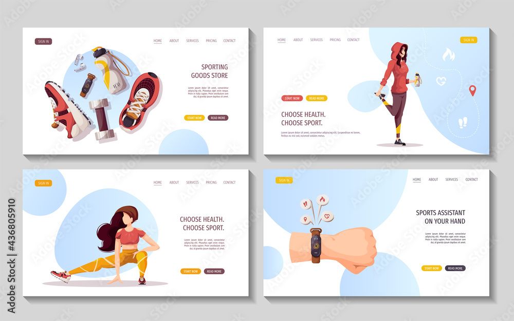 Set of web pages with women doing fitness training. Sport, Workout, Healthy lifestyle, Gym, Fitness, Training, Sports gadget concept. Vector illustration for poster, banner, advertising, website.