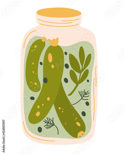 Pickles in jar, isolated jar of pickled cucumbers. Fermented veggies. Marinated vegetables in can, homemade production full of probiotics. Crunch gherkin with salt. Organic product. Vector