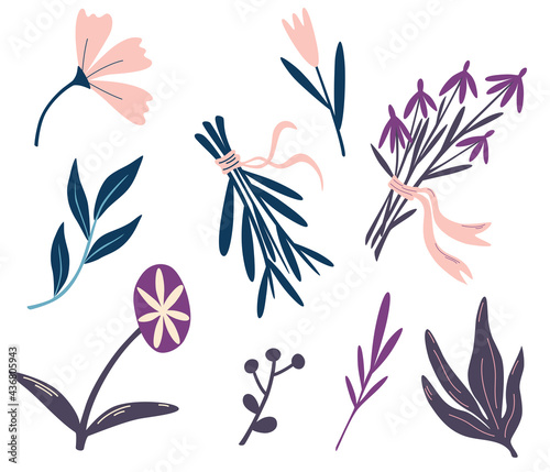 Set of magical flowers and herbs. Shamanic and occult objects. Collection of floristic elements for Halloween. Magic Garden. Bouquets of wildflowers. Witchcraft. Vector flat illustration.
