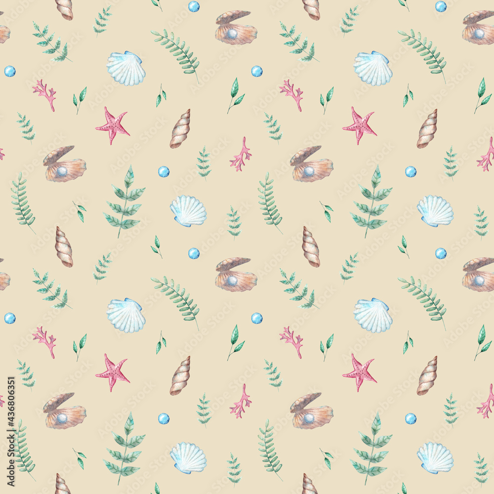 Watercolor hand-drawn pattern with sea and marine elements in green, bleu and red colors Watercolor hand-drawn pattern with sea and marine elements in green, bleu and red colors