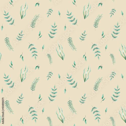 Watercolor hand-drawn pattern with sea and marine elements in green, bleu and red colors