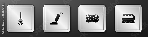 Set Toilet brush, Vacuum cleaner, Sponge and Brush for cleaning icon. Silver square button. Vector