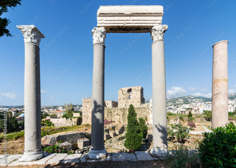 Roman colonnade and Byblos citadel, Crusader castle, Jbeil, Lebanon