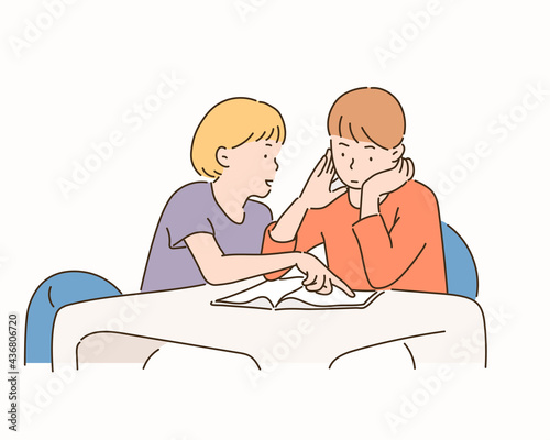 A girl is teaching a boy to study. hand drawn style vector design illustrations. 