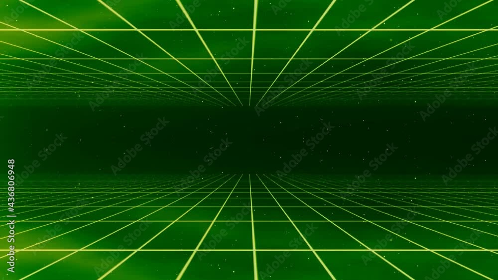 green retro futuristic 1980s glowing retrowave cyberpunk animated grid with moving particles