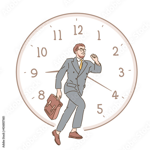A businessman is running and there is a watch behind him. hand drawn style vector design illustrations. 
