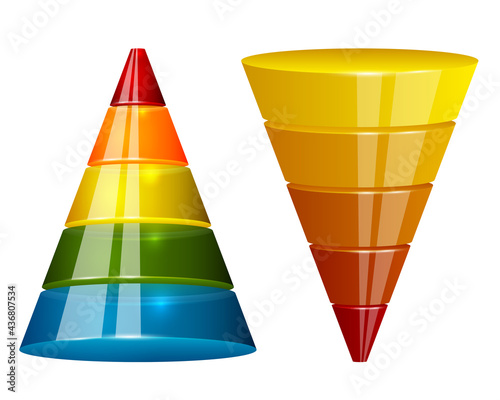 Glossy semitransparent sales funnel and pyramid for marketing infographic. Funnel glass vector element isolated on white background. Five steps sales infographic design