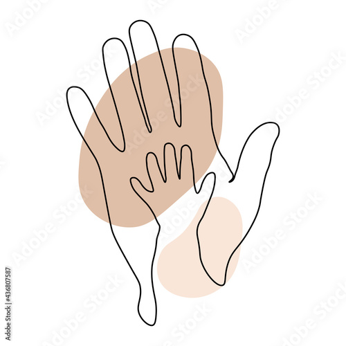 Happy Father's day! Continuous one line drawing with male hand with child's hand. Contemporary vector illustration on white background. Black line art on white background with colorful spots.