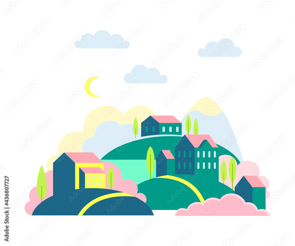 Naklejka premium Urban Landscape or Cityscape with Houses, Hills and Trees Vector Illustration