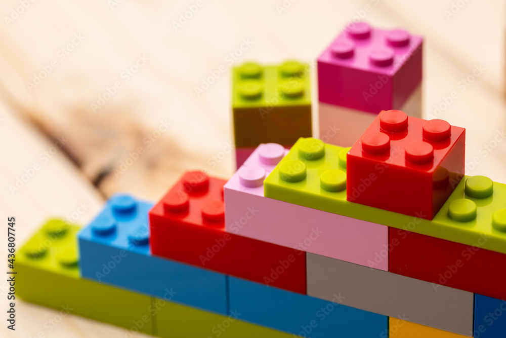 Colorful plastic toy building kit details close up