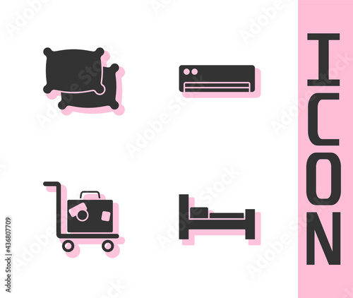 Set Hotel room bed, Pillow, Suitcase and Air conditioner icon. Vector