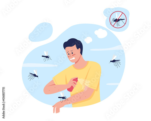 Keeping mosquitoes away while summer camping 2D vector isolated illustration. Insect repellent use. Stressed man flat character on cartoon background. Applying mosquito spray colourful scene
