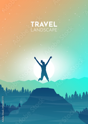 Girl jumped on top of mountain. Abstract landscape, Vector banner, polygonal landscape illustration, Minimalist style, Flat design. Travel concept of discovering, exploring. Hiking. Adventure tourism.