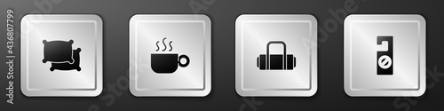 Set Pillow, Coffee cup, Suitcase and Please do not disturb icon. Silver square button. Vector