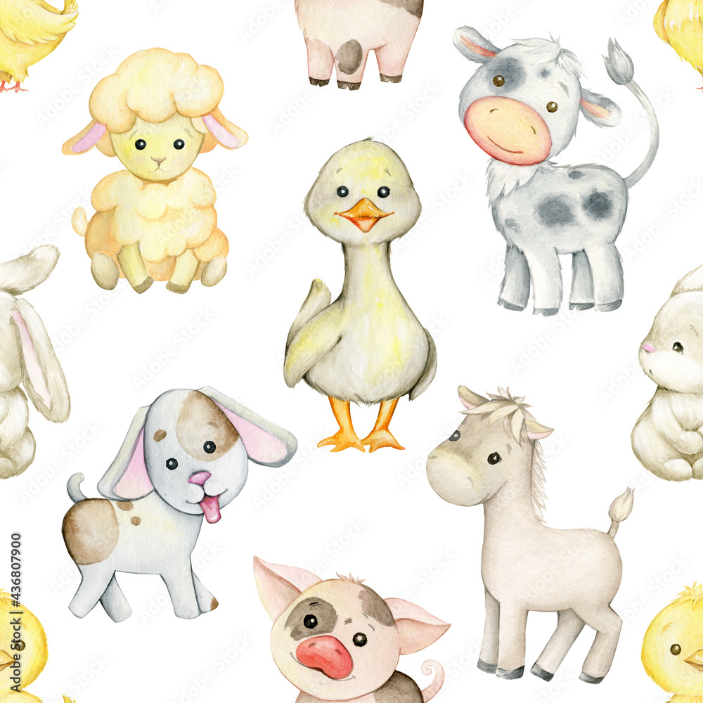 Obraz Watercolor seamless pattern, cartoon style, on isolated background. duck, cow, rabbit, pig, chicken, dog. Farm animals.