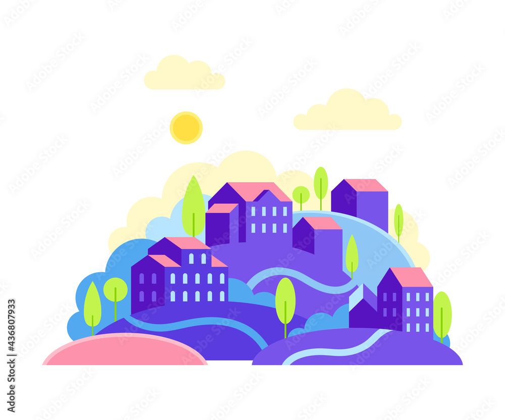 Cityscape or Urban Landscape with Scattered Houses and Hills with Trees Vector Illustration