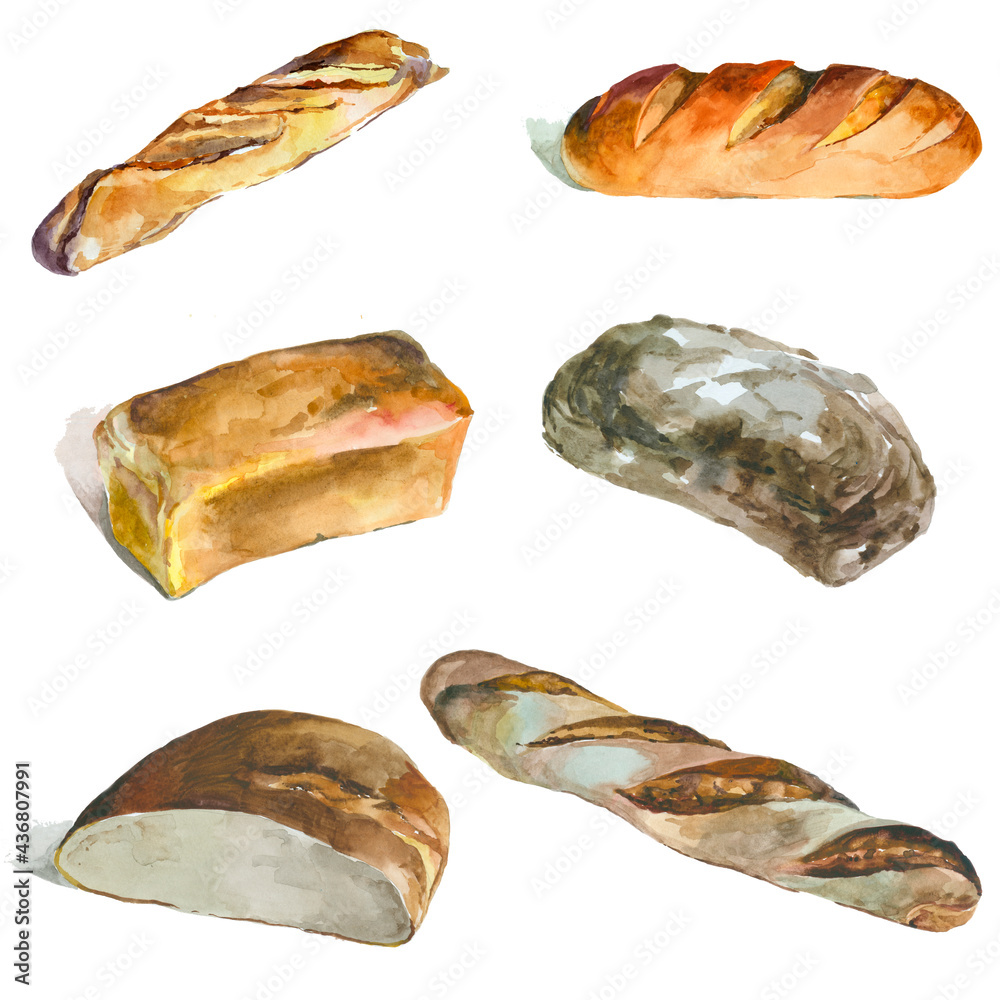 Bread watercolor painting isolated on white background set for all prints. Food pattern.