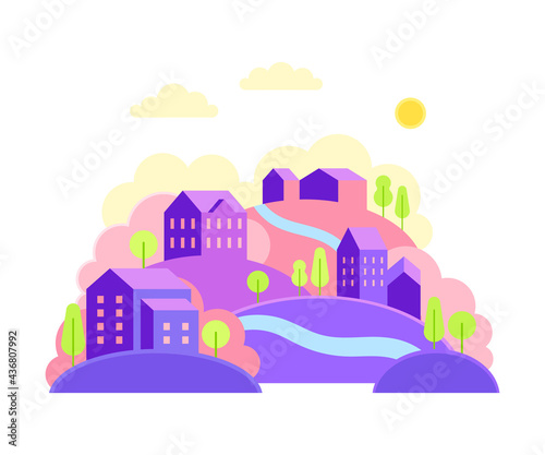 Cityscape or Urban Landscape with Scattered Houses and Hills with Trees Vector Illustration