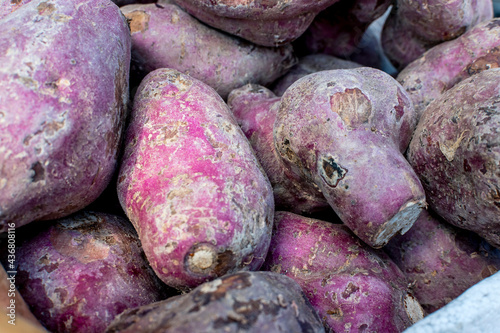 Purple Camote variant on display at a supermarket or marketplace. Sweet potatoes for sale. photo