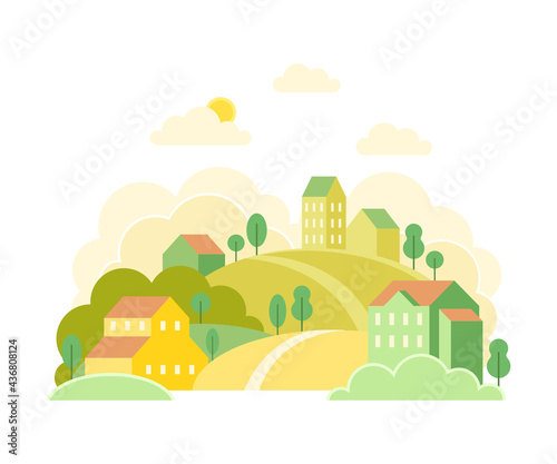 Fototapeta Naklejka Na Ścianę i Meble -  Local Landscape with Urban Houses, Hills and Trees as Cozy Scenery of Neighborhood Vector Illustration