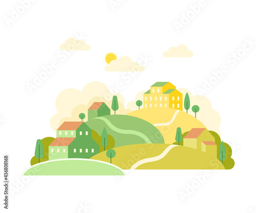 Local Landscape with Urban Houses  Hills and Trees as Cozy Scenery of Neighborhood Vector Illustration