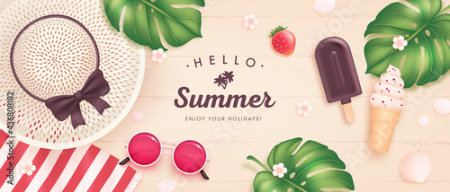 Vector summer poster or banner with realistic sunglasses, hat, ice cream, tropical leaf and flowers on wooden background