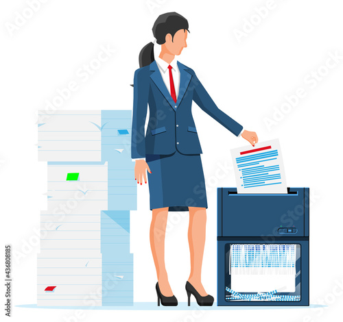 Woman Office Worker Shredding Documents. Shredder Machine And Businesswoman With Confidential Paper. Office Device For Destruction Of Documents. Data Protection. Flat Vector Illustration